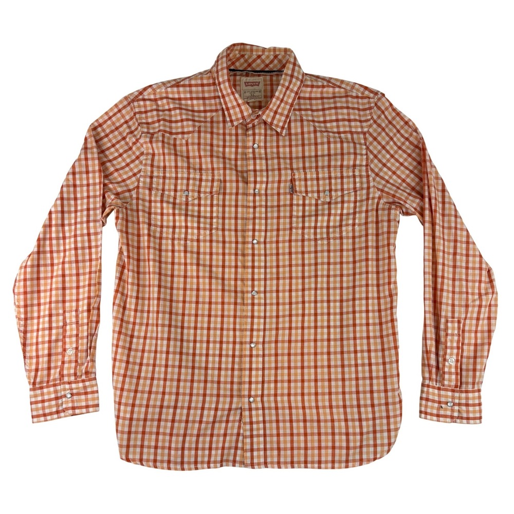 Levi's Western Shirt Mens XL Orange Gingham Pearl Snap Long Sleeve Modern Fit‎